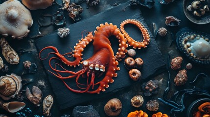 Flat lay of seafood with octopus on dark stone background