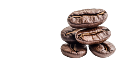 Coffee beans stacked together, dark, isolated closeup photo , cut out transparent
