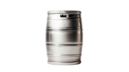 Shiny metal keg for liquid products, isolated object, cut out transparent