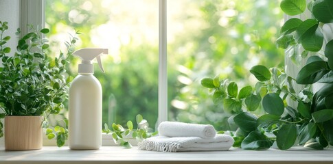 On a table in a minimalist white and gray room, a spray bottle with water and vinegar and a cloth are placed by a bright window, highlighting eco-friendly cleaning essentials