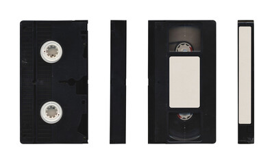 VHS videocassette in different sides without cover sleeve on transaparent background with blank...
