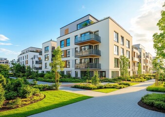 A contemporary, stylish high-rise luxury apartment building featuring shiny glass, chrome details, and abundant greenery, creating an atmosphere of opulence and sophistication in an urban oasis