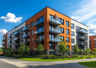 Obraz premium The exterior of a contemporary, chic high-rise luxury apartment building, adorned with sparkling glass, chrome elements, and lush vegetation, exuding opulence and sophistication in an urban retreat
