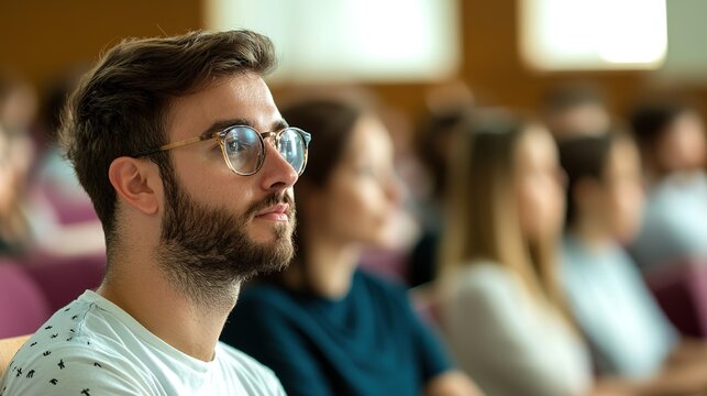 Dedicated adult student engaged in university lecture academic setting thoughtful environment close-up view