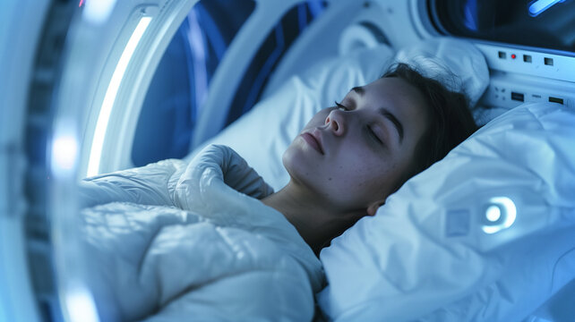 This young person rests in a futuristic cryosleep pod designed for long-term space exploration.