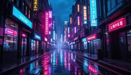 Obraz premium Futuristic Cityscape High Tech Architecture with Holographic Billboards casting a colorful glow on wet pavement.