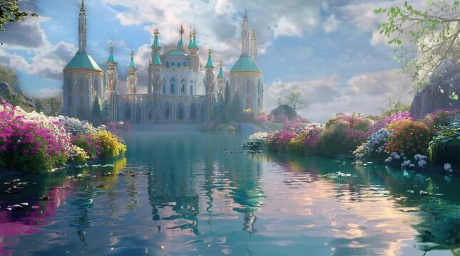 Fantasy crystal palace by lake with lotus flowers and mystical forest background. Seamless looping video animation background