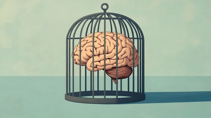 Brain in a Cage Vector Art: Conceptual Illustration, Iron Cage Design, Mind Confinement Symbol, Thought Imprisonment Graphic, Simple Vector Artwork.
