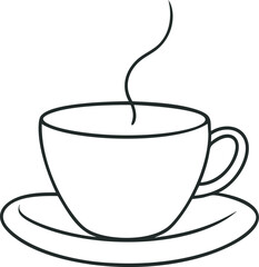 Steaming coffee cup with saucer in black and white line drawing illustration. Vector illustration