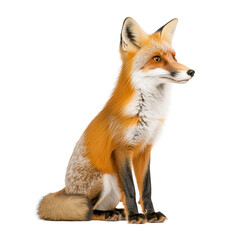 Fototapeta premium A realistic illustration of red fox sitting, showcasing its vibrant orange fur, bushy tail, and alert expression. detailed depiction highlights fox natural beauty and grace