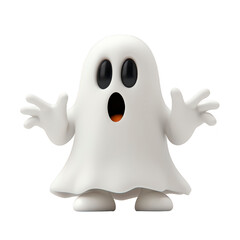 A cute cartoon ghost with surprised expression stands with arms outstretched, featuring classic white sheet design and large black eyes. playful character evokes sense of fun and whimsy