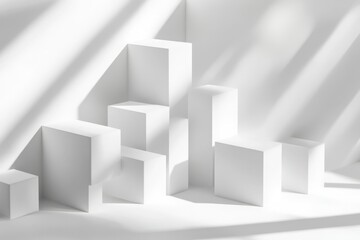 Serene white geometric forms bathed in sunlight, a minimalist architectural study evoking calm and tranquility.