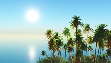 Fototapeta premium Palm trees and sea at sunset, beach with palm trees, 3d rendering