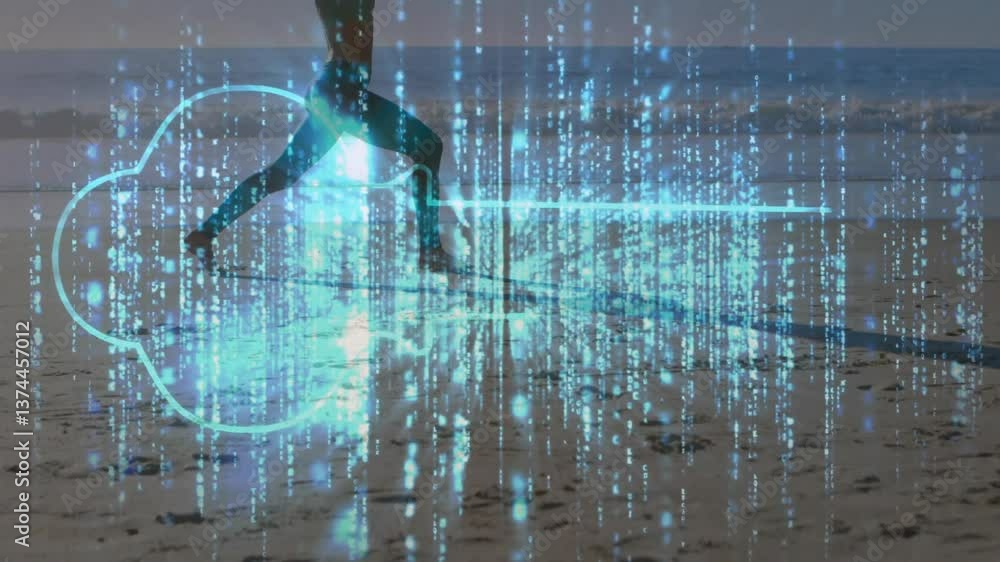 Poster digital key and data animation over person running on beach