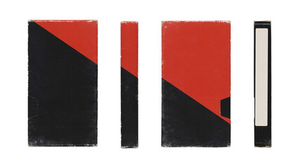 VHS videocassette in red and black cover sleeve, multiple angles, mockup with blank space on transaparent background