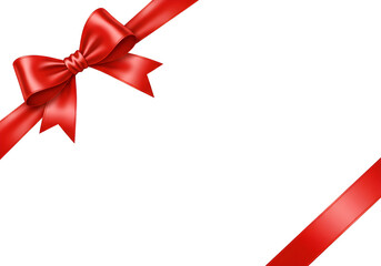 A decorative red ribbon with glossy satin finish tied into a bow at top left and diagonal ribbon at lower right on transparent backdrop