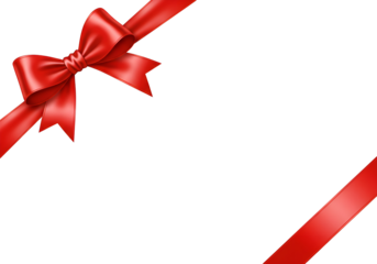 A decorative red ribbon with glossy satin finish tied into a bow at top left and diagonal ribbon at lower right on transparent backdrop