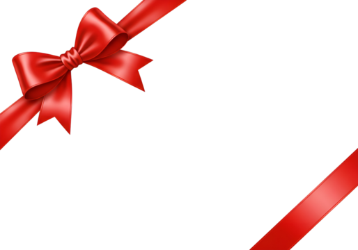A decorative red ribbon with glossy satin finish tied into a bow at top left and diagonal ribbon at lower right on transparent backdrop