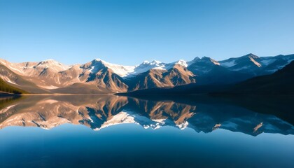 Obraz premium Mountain Reflection in Calm Lake Water at Sunrise Scenic Landscape