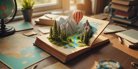 Magical Travel Journal with 3D Landscape Transformation – Vintage Notebook with Mountains and Rivers Coming to Life for Travel Guidebooks, Tourism Blogs, and World Tourism Day Promotions