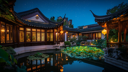 Obraz premium Traditional Chinese garden courtyard with lotus pond at night