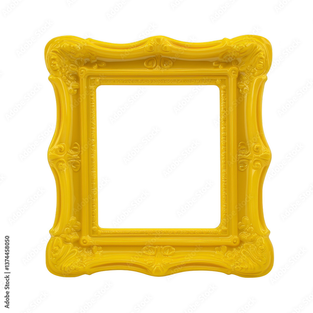 Poster a vibrant yellow ornate picture frame with intricate detailing and classic design, perfect for addin