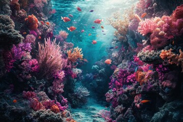 Obraz premium Depiction of a vibrant and colorful coral reef teeming with various marine life .