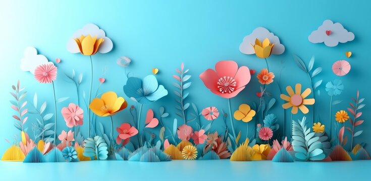 A paper cut style framework for photos or congratulations featuring paper blossoms and flowers, suitable for Women's Day, Easter, Mother's Day, and anniversaries