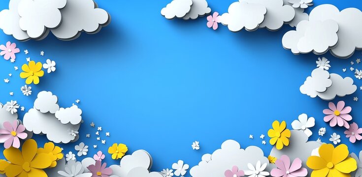 A paper cut style framework featuring paper blossoms and flowers, designed for photos or congratulations, suitable for Women's Day, Easter, Mother's Day, and anniversaries