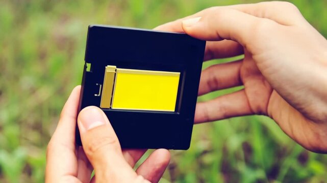 Hands holding a compact device for measuring light in a grassy field during daylight hours