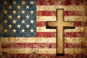 Vintage American flag clip art with a cross design in low light