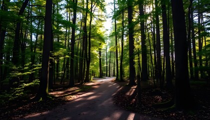 Obraz premium Walking Path Through Dense Forest with Sunlight Streaming Through Trees