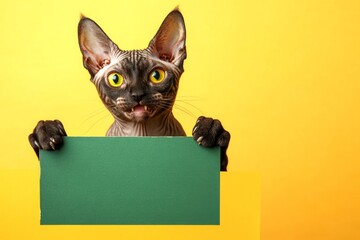 Isolated cat on a solid suit yellow background. Pet billboard idea. &ETH;&iexcl;ute adult cat cornish rex hold in front paws a template - large green way sign. Pet poster design. Animal in clean mockup.