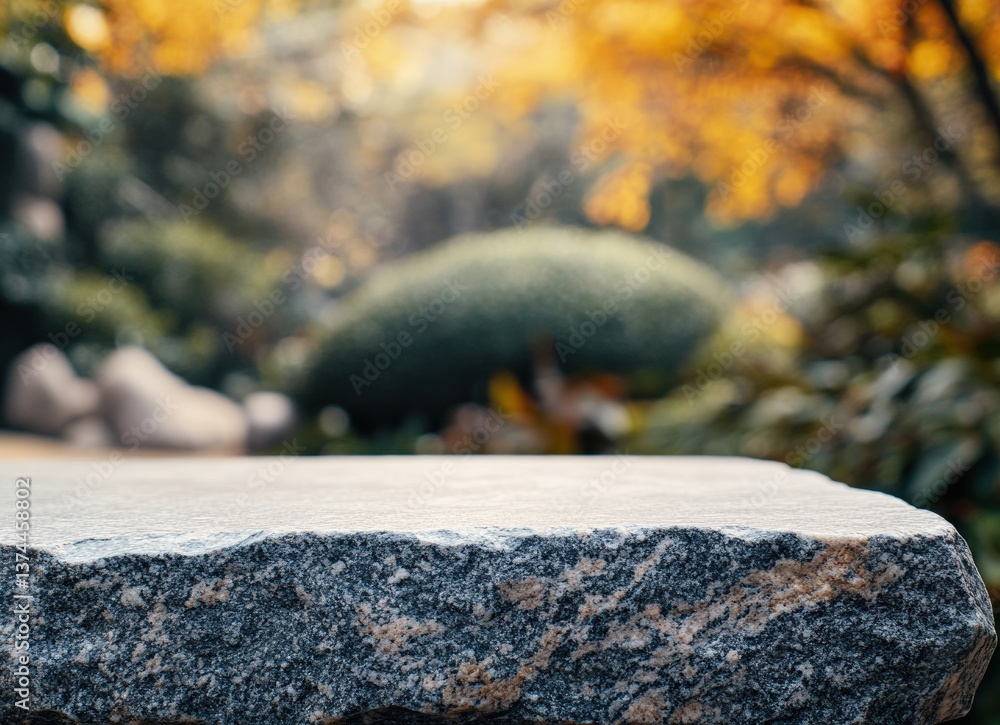 Aufkleber empty granite stone surface with blurred autumn garden background