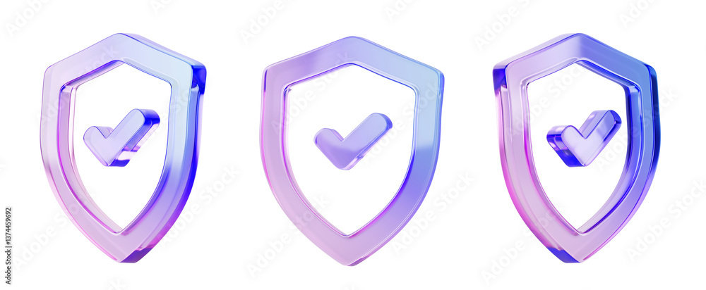Poster 3d glass holographic shield frame with tick sign front, side and angle view. Isolated protect, guard and safety symbol render icon set. Crystal iridescent gradient security outline