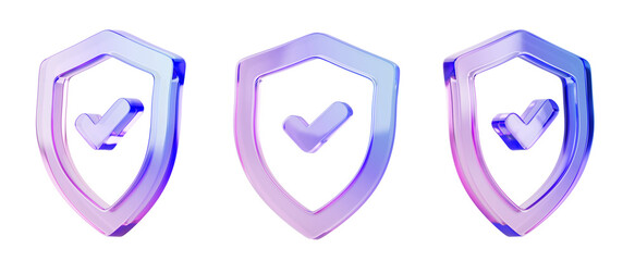 3d glass holographic shield frame with tick sign front, side and angle view. Isolated protect, guard and safety symbol render icon set. Crystal iridescent gradient security outline