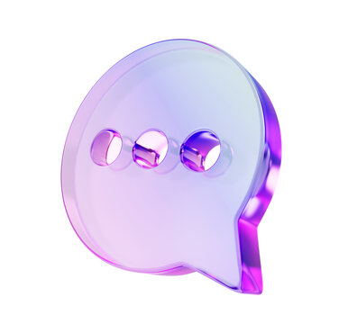 3d glass holographic speech bubble, chat icon for text, message, dialog. Rainbow crystal web notification symbol with morphism gradient. Circle communication social dialogue render