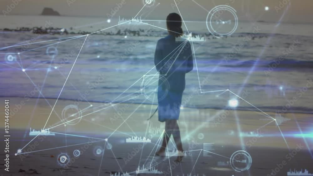 Poster person walking on beach with network connections and data processing animation