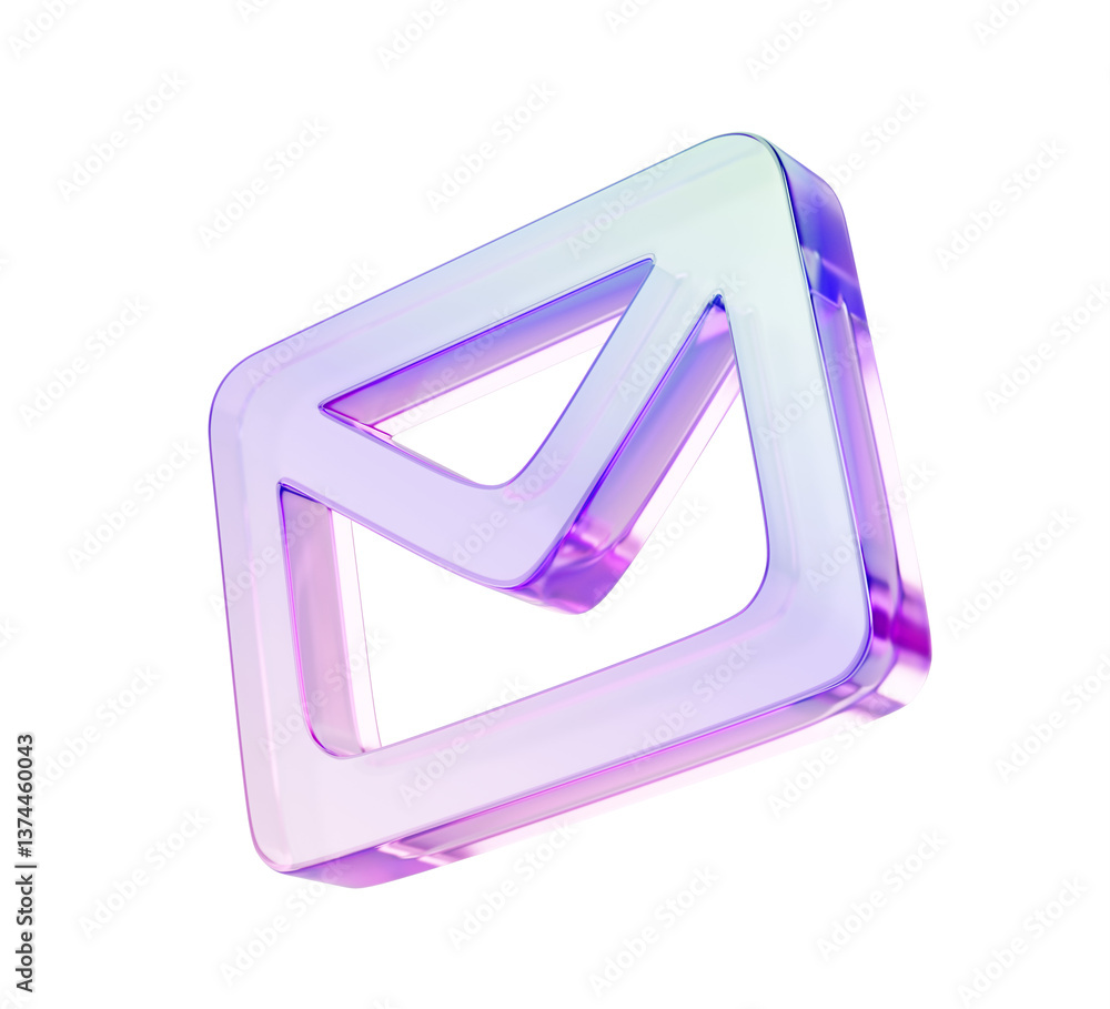 Poster 3d glass holographic email envelope render isolated web icon. Crystal rainbow outline electronic message with pink blue neon gradient texture. Webmail newsletter sending or receiving