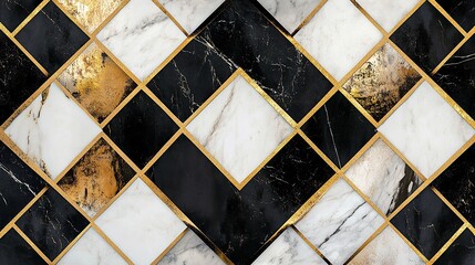 Art Deco Marble: Black and White Tile Pattern, Geometric Design, Elegant Flooring, Timeless Style, Interior Decor, Classic Motif, Sophisticated Surface, Decorative Stone.
