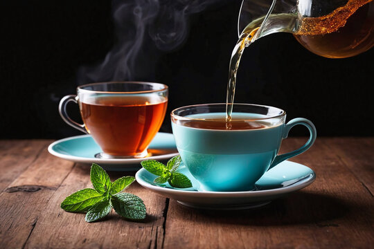 Pouring Fresh Mint Tea into a Glass Cup - Steaming Herbal Beverage with Green Mint Leaves and Beautiful Water Splash