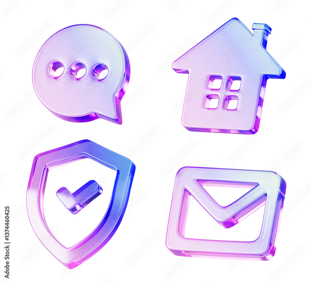 Aufkleber 3d set of glass holographic transparent ui icon. render crystal gradient symbols of email envelope, 