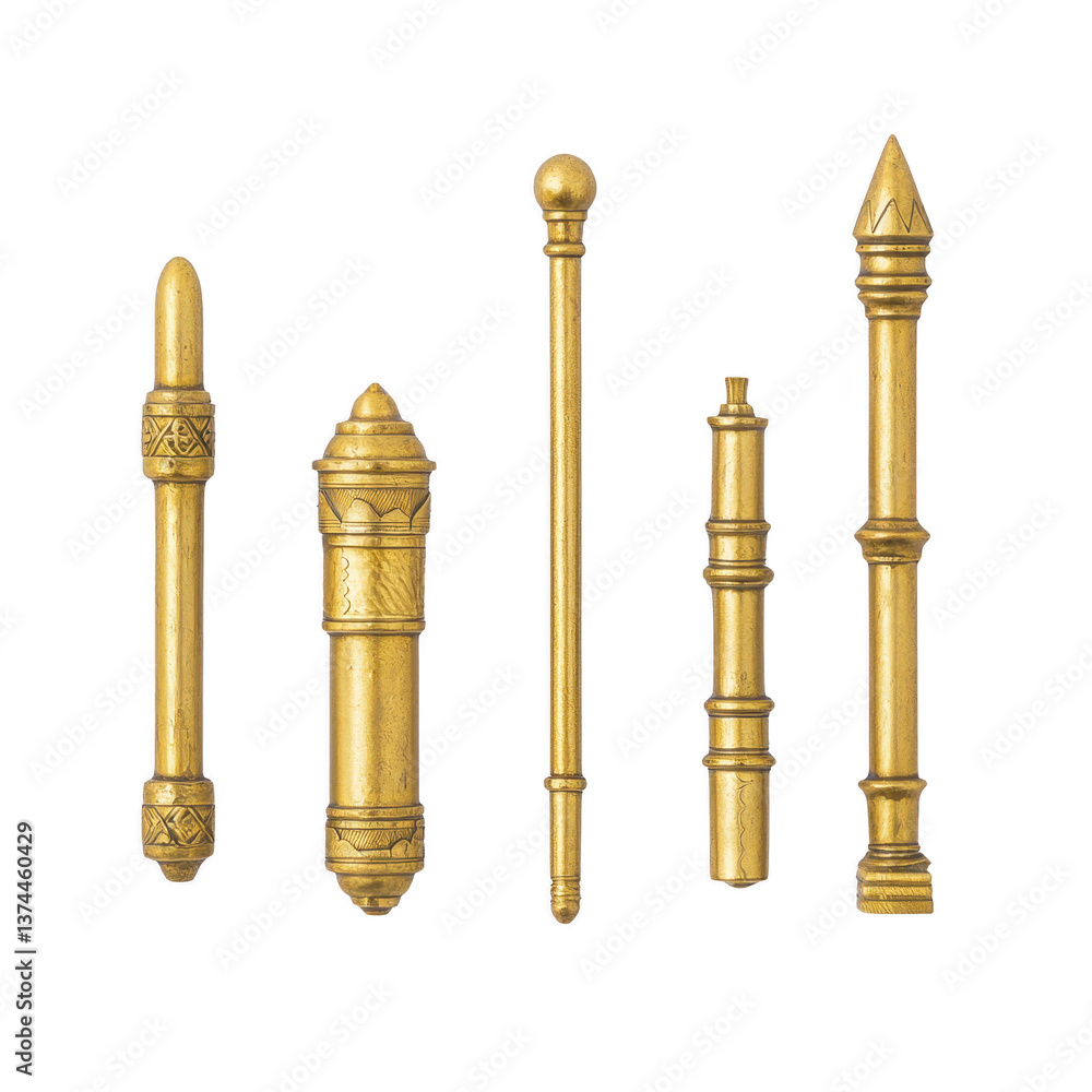 Poster a collection of five intricately designed brass finials, each with unique shapes and patterns, showc