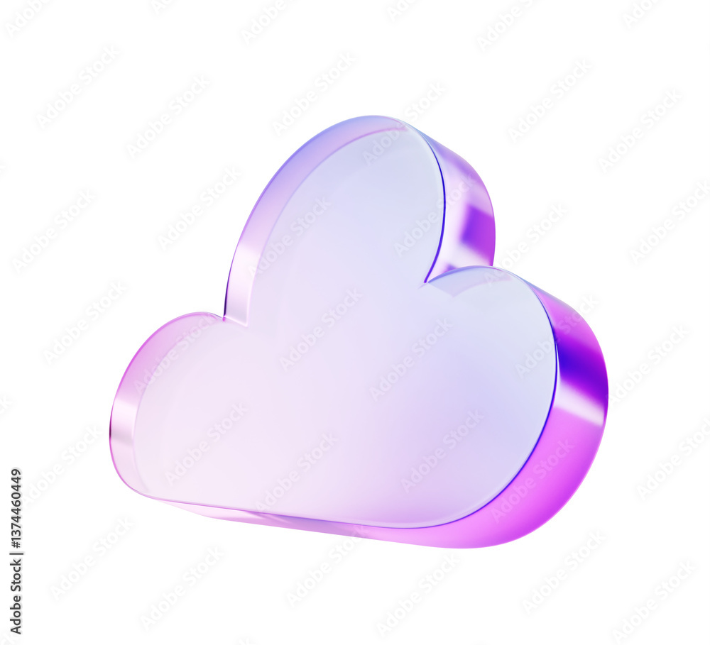 Poster 3d glass holographic purple cloud icon render. Concept of digital data, cloud computing technology service, database server, security information storage, network system, web hosting