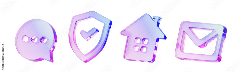Poster 3d set of glass holographic transparent ui icon. Rainbow crystal speech bubble, security shield with tick sign, home, email envelope with hologram gradient texture for app, web design