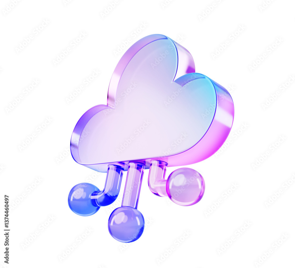 Fototapete 3d glass holographic ai cloud icon. Artificial intelligence, digital data storage, computing and learning. Rainbow gradient web technology symbol with connection lines of chip render