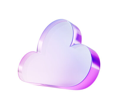 3d glass holographic purple cloud icon render. Concept of digital data, cloud computing technology service, database server, security information storage, network system, web hosting