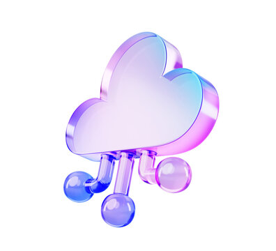 3d glass holographic ai cloud icon. Artificial intelligence, digital data storage, computing and learning. Rainbow gradient web technology symbol with connection lines of chip render