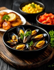 mussels in a black plate with tomato sauce on a wooden tray in the background are plates with food and herbs