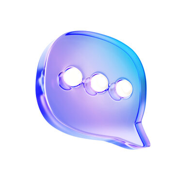 3d glass holographic speech bubble for message or comment render. Iridescent gradient texture text dialog chat, square talk box, web notification icon, crystal dialogue banner frame